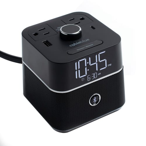 Brandstand CubieBlue Alarm Clock with Bluetooth Speaker, 2 Power Outlets, 1 USB-A and 1 USB-C Charging Ports, Black